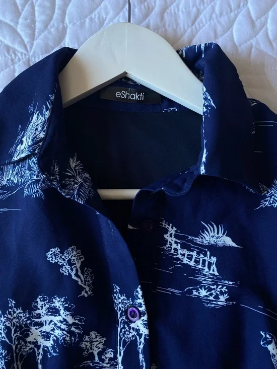 Navy Toile Print Shirt Dress Belted European Summer Style - Picture 7 of 8